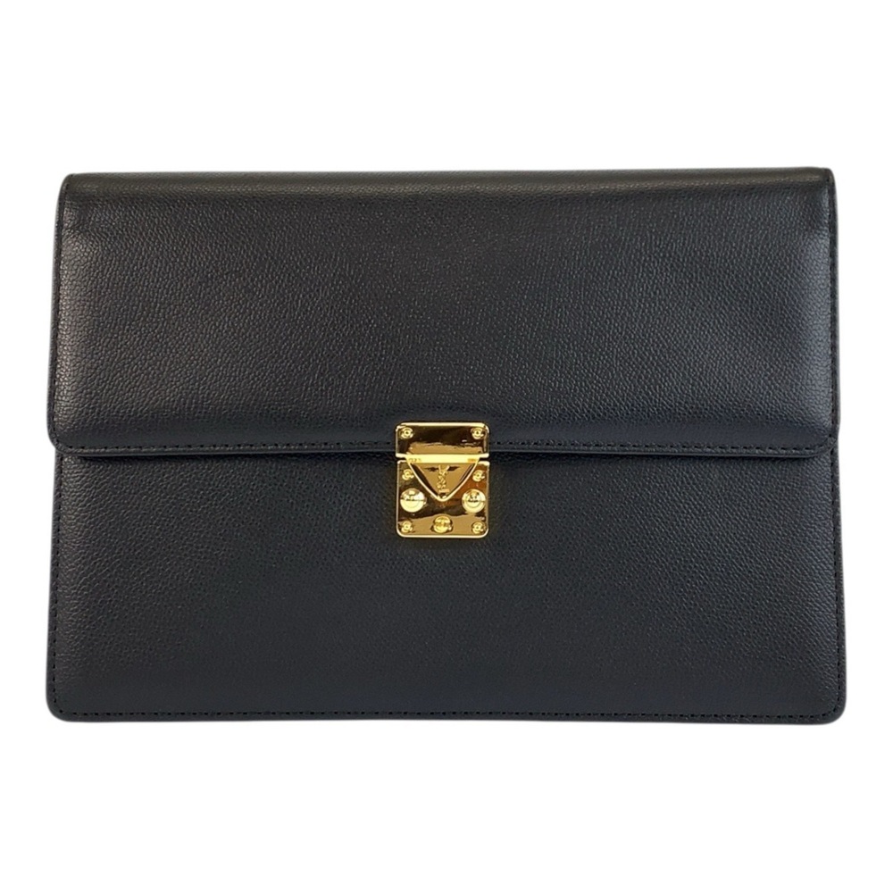 YVES SAINT LAURENT Vintage YSL Black Leather Clutch Bag with Gold Hardware fo...